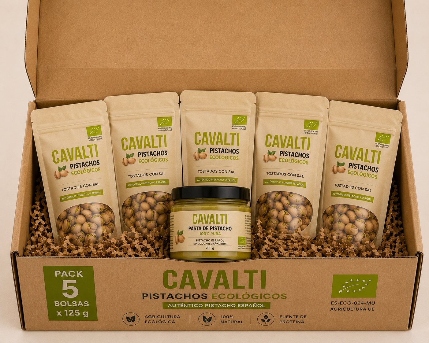 Pack Familiar Ecológico | 5 Bolsas de Pistachos Ecológicos + Pasta de Pistacho 200 g | Cavalti