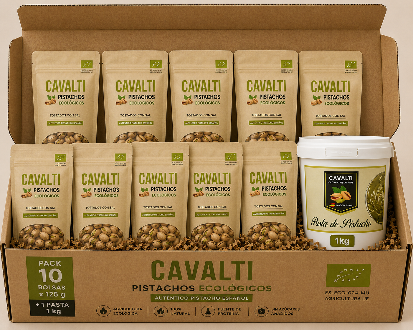 Pack Gourmet Ecológico | 10 Bolsas de Pistachos Ecológicos + Pasta de Pistacho 1 kg | Cavalti