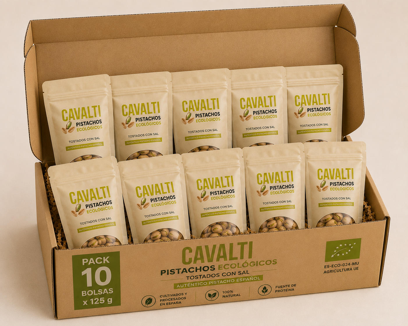 Pack Ahorro 10 Bolsas Pistachos Ecológicos Tostados con Sal 125 g | 1,25 kg | 100% Pistacho Español | Cavalti