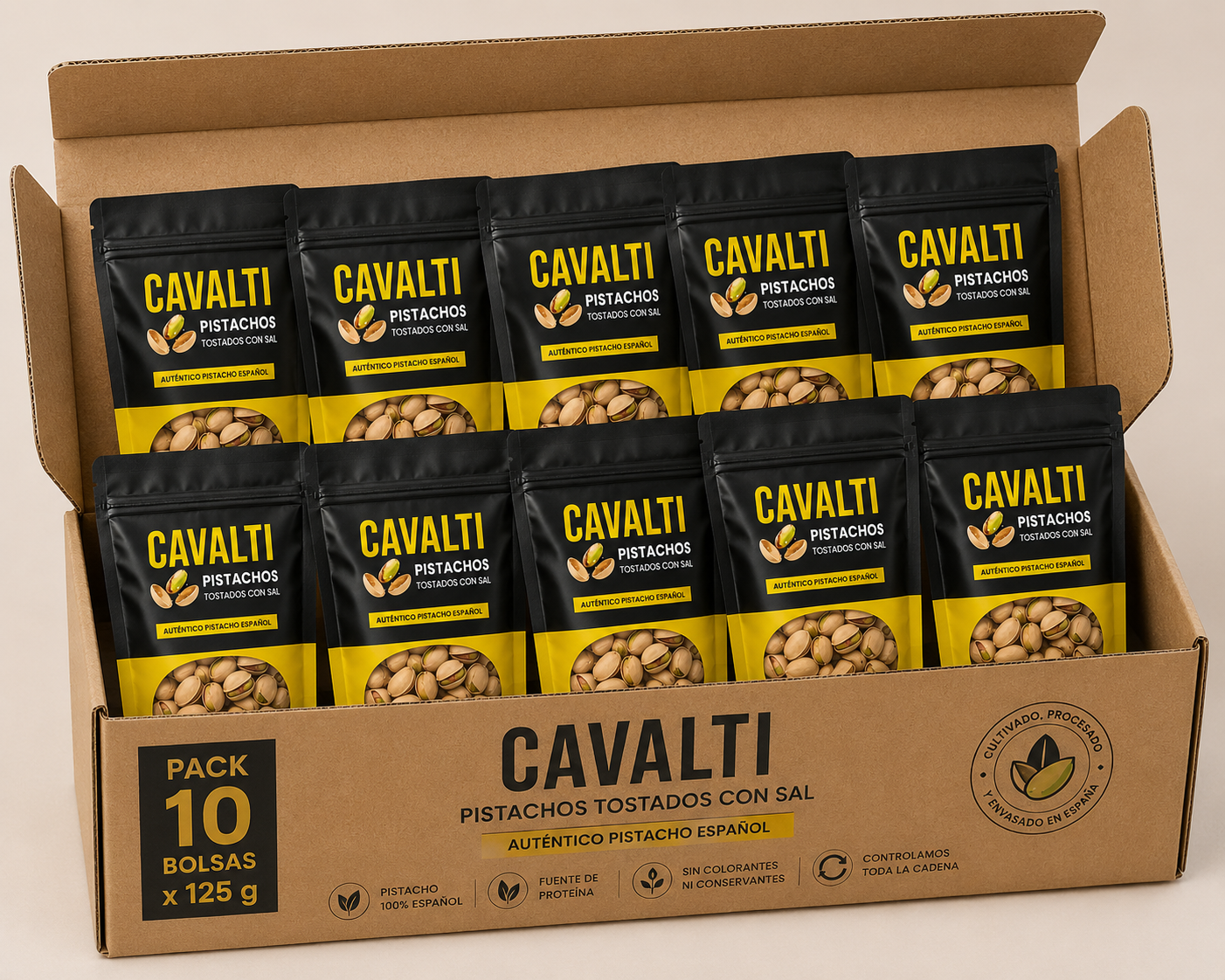 Pack Ahorro 10 Bolsas Pistachos Tostados con Sal 125 g | 1,25 kg | 100% Pistacho Español | Cavalti