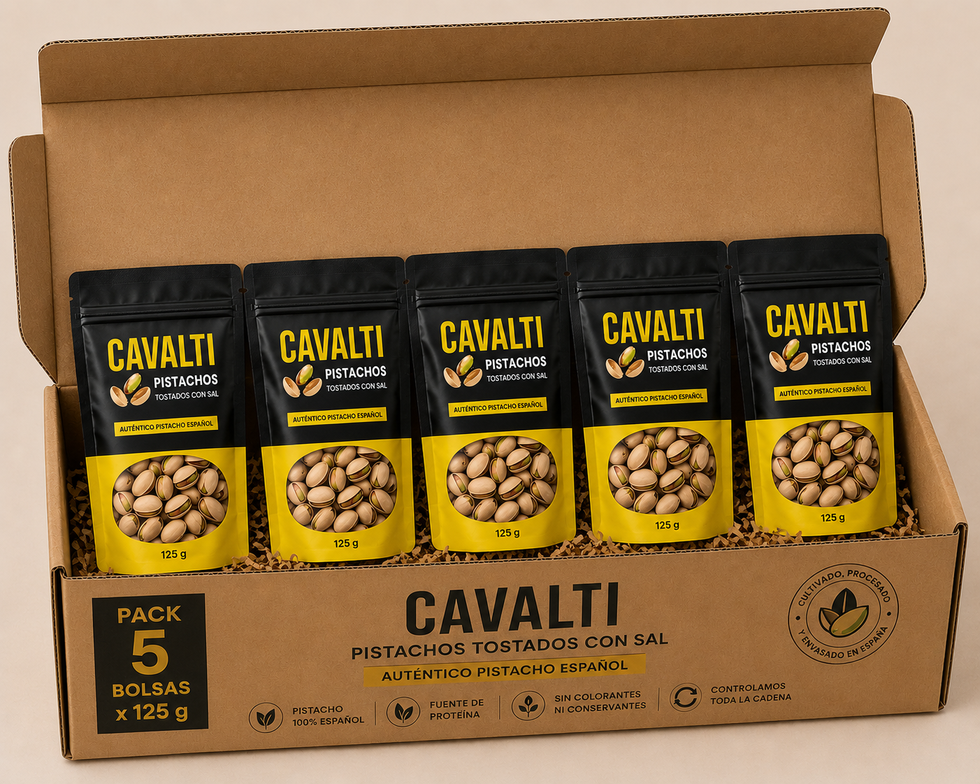 Pack Familiar 5 Bolsas Pistachos Tostados con Sal 125 g | 625 g | 100% Pistacho Español | Cavalti