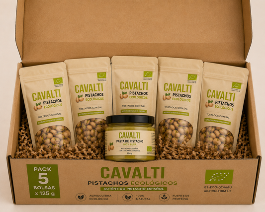 Pack Familiar Ecológico | 5 Bolsas de Pistachos Ecológicos + Pasta de Pistacho 200 g | Cavalti